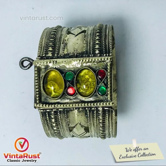 single Vintage Kuchi Cuff Bracelet With Yellow Glass Stones, Gypsy Cuff Bracelet - Picture 11 of 12